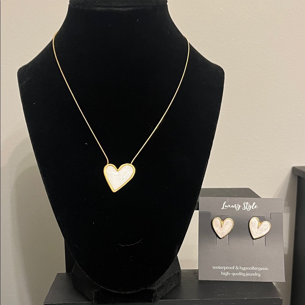 Heart Pendant Necklace and Earring Set-waterproof, sweat proof, tarnish free